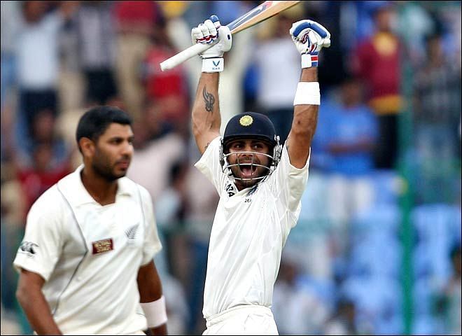 Virat Kohli celebrates a milestone against New Zealand in 2012